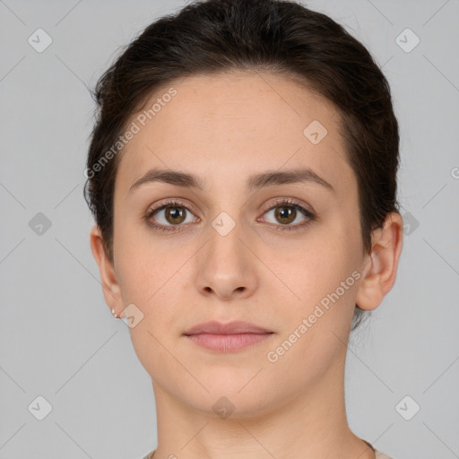 Neutral white young-adult female with short  brown hair and brown eyes