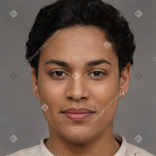 Joyful latino young-adult female with short  brown hair and brown eyes