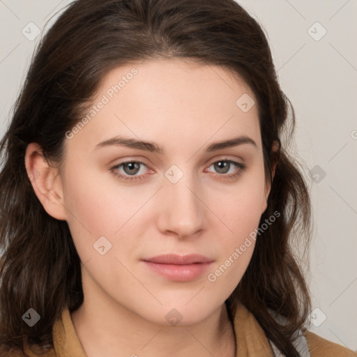 Neutral white young-adult female with medium  brown hair and brown eyes