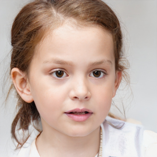 Neutral white child female with medium  brown hair and blue eyes