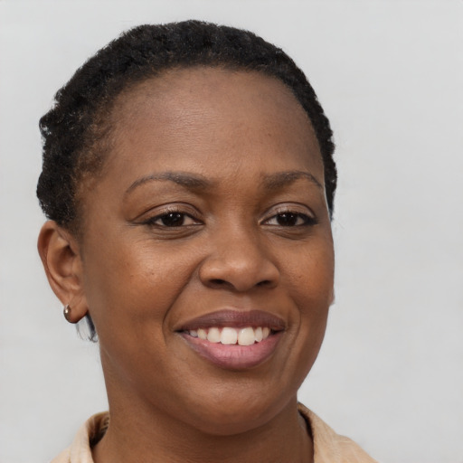 Joyful black young-adult female with short  brown hair and brown eyes