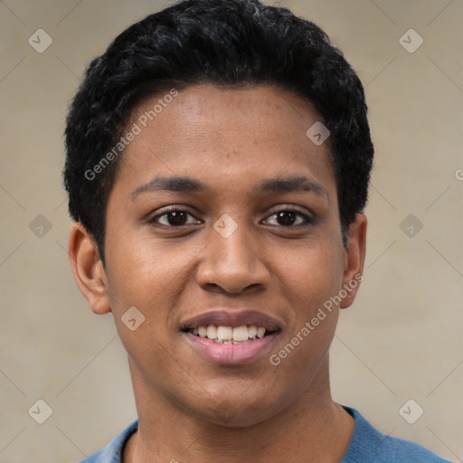 Joyful black young-adult male with short  black hair and brown eyes