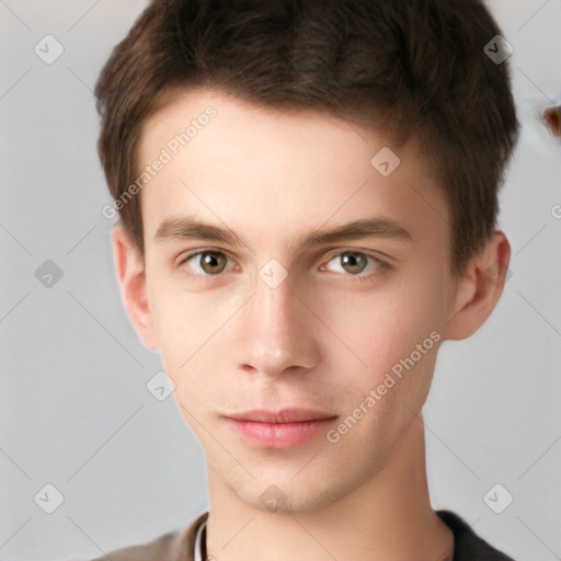Neutral white young-adult male with short  brown hair and grey eyes