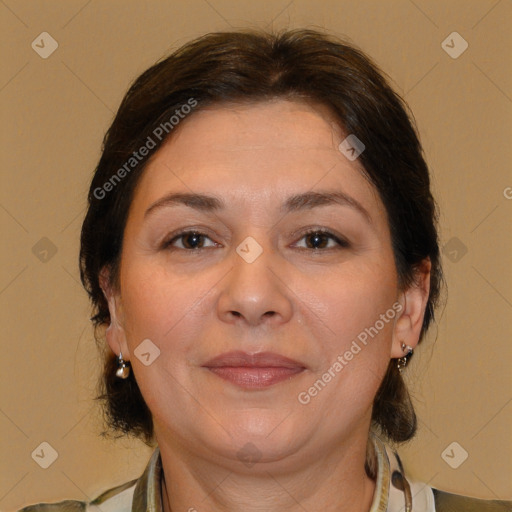 Joyful white adult female with medium  brown hair and brown eyes