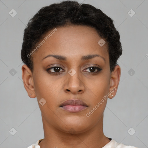 Neutral black young-adult female with short  brown hair and brown eyes