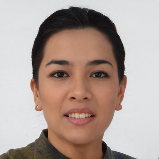 Joyful asian young-adult female with short  black hair and brown eyes