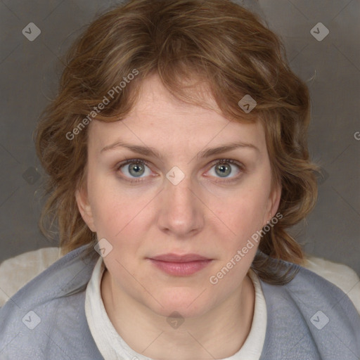 Joyful white young-adult female with medium  brown hair and blue eyes