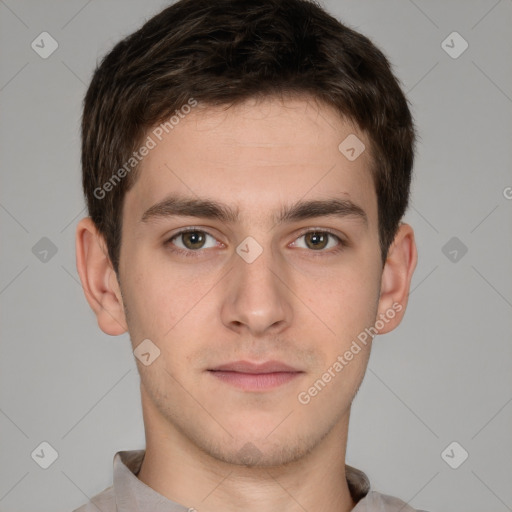 Neutral white young-adult male with short  brown hair and brown eyes