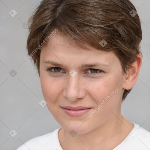 Joyful white young-adult female with short  brown hair and brown eyes