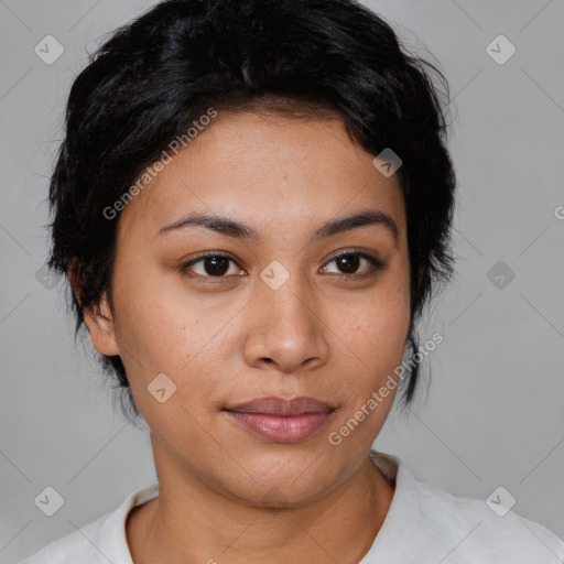 Joyful latino young-adult female with short  brown hair and brown eyes