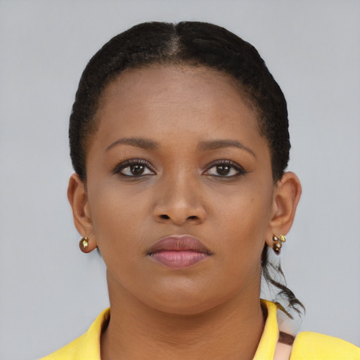 Neutral black young-adult female with short  brown hair and brown eyes