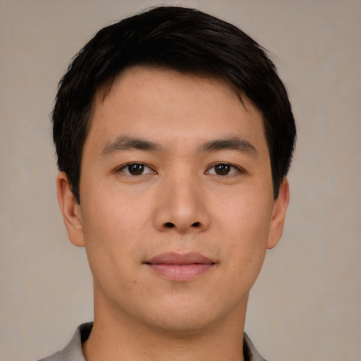 Neutral asian young-adult male with short  black hair and brown eyes