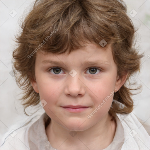 Joyful white child female with medium  brown hair and grey eyes