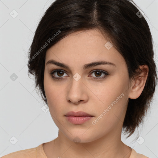 Neutral white young-adult female with medium  brown hair and brown eyes