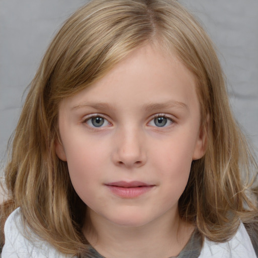 Neutral white child female with medium  brown hair and blue eyes