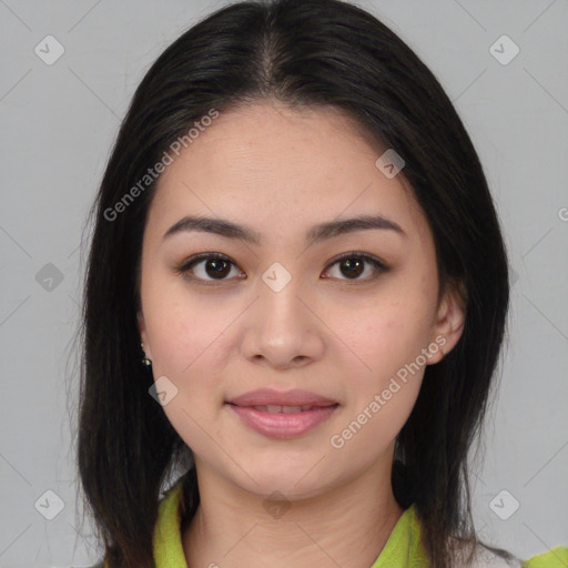 Joyful white young-adult female with medium  brown hair and brown eyes