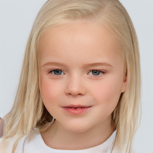 Neutral white child female with medium  brown hair and blue eyes