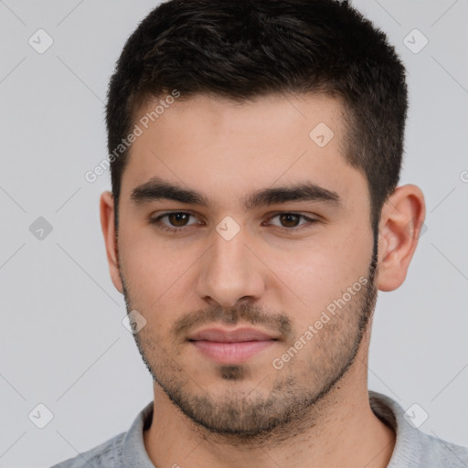 Neutral white young-adult male with short  brown hair and brown eyes