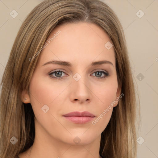 Neutral white young-adult female with long  brown hair and brown eyes