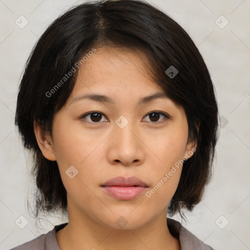 Neutral asian young-adult female with medium  brown hair and brown eyes