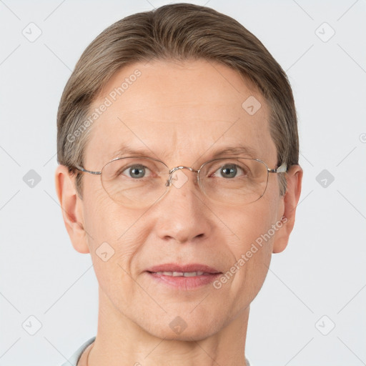 Joyful white adult male with short  brown hair and grey eyes