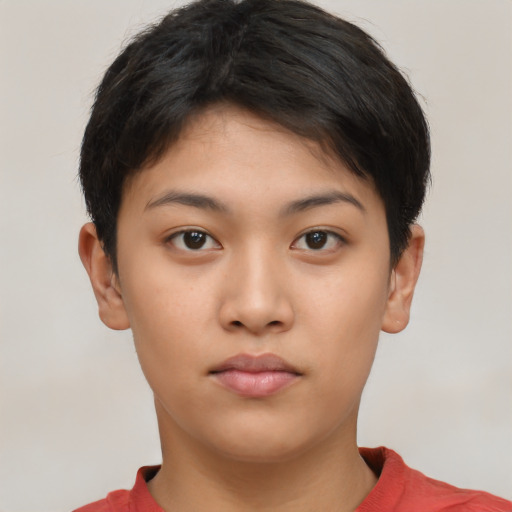 Neutral asian young-adult female with short  brown hair and brown eyes
