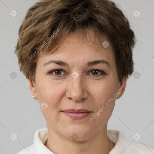 Joyful white adult female with short  brown hair and brown eyes