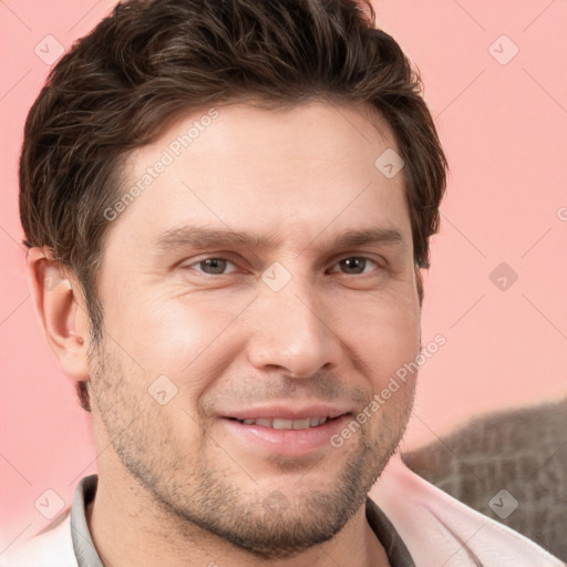 Joyful white young-adult male with short  brown hair and brown eyes