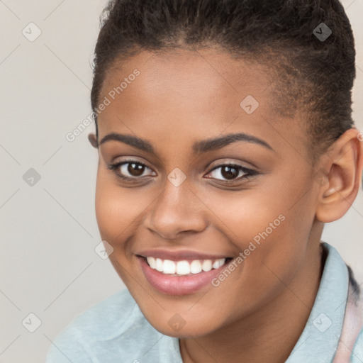 Joyful white young-adult female with short  brown hair and brown eyes