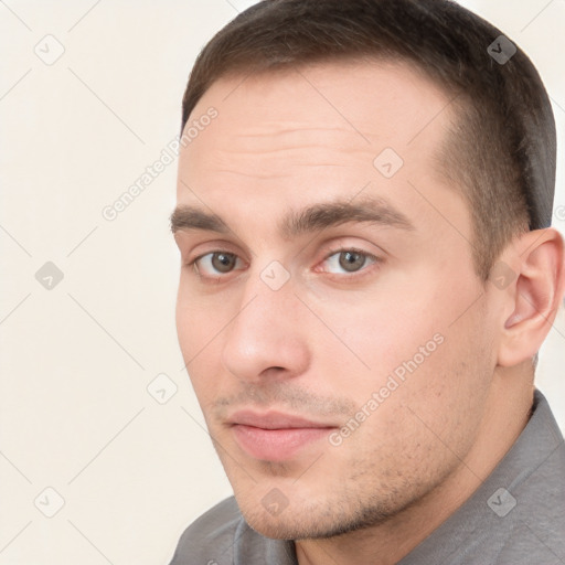 Neutral white young-adult male with short  brown hair and brown eyes