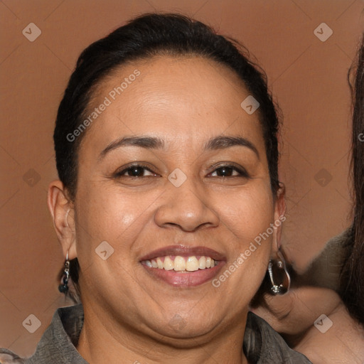 Joyful white adult female with short  brown hair and brown eyes