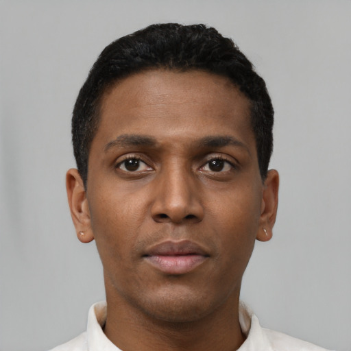 Neutral black young-adult male with short  black hair and brown eyes