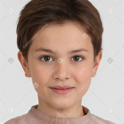 Joyful white child female with short  brown hair and brown eyes