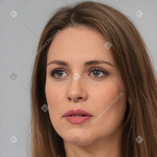 Neutral white young-adult female with long  brown hair and brown eyes