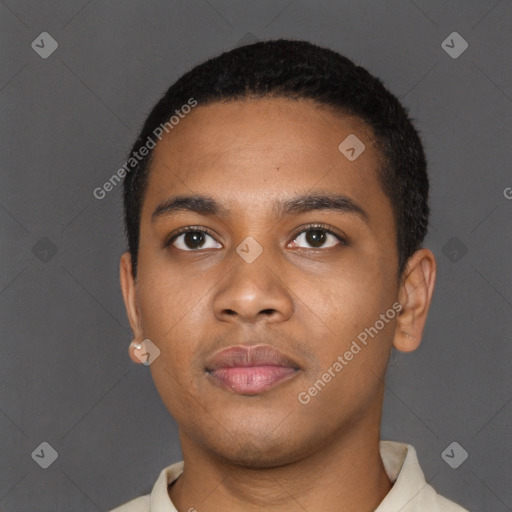 Neutral black young-adult male with short  black hair and brown eyes