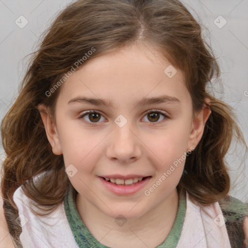 Joyful white child female with medium  brown hair and brown eyes