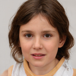 Joyful white child female with medium  brown hair and brown eyes