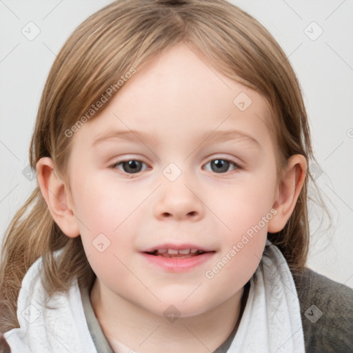 Joyful white child female with medium  brown hair and blue eyes