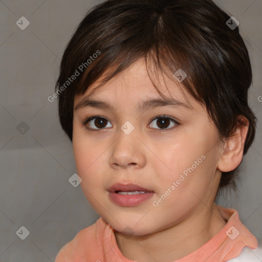 Joyful white child female with medium  brown hair and brown eyes