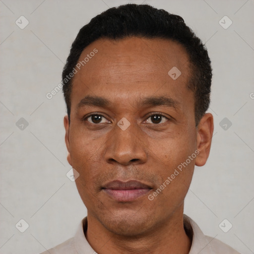 Neutral black adult male with short  black hair and brown eyes