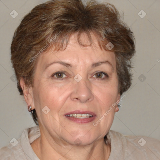 Joyful white adult female with short  brown hair and brown eyes