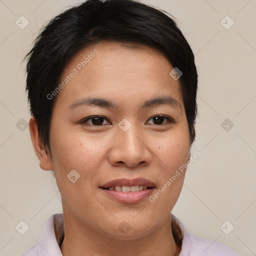 Joyful asian young-adult female with short  brown hair and brown eyes