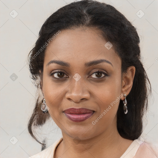 Joyful black young-adult female with medium  brown hair and brown eyes