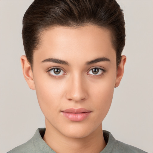 Neutral white young-adult female with short  brown hair and brown eyes