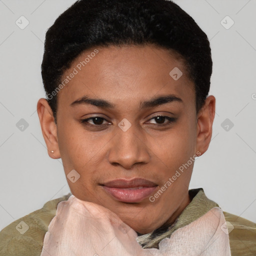 Joyful latino young-adult female with short  black hair and brown eyes