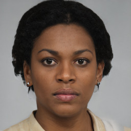 Neutral black young-adult female with short  black hair and brown eyes