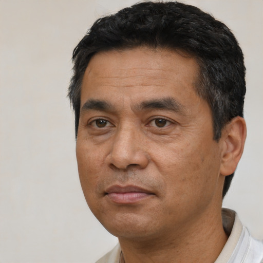 Neutral asian adult male with short  black hair and brown eyes