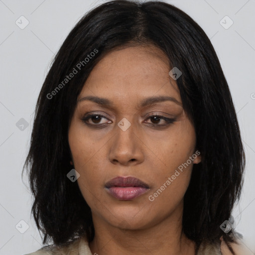 Neutral asian young-adult female with long  black hair and brown eyes