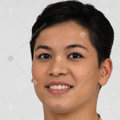 Joyful asian young-adult female with short  black hair and brown eyes