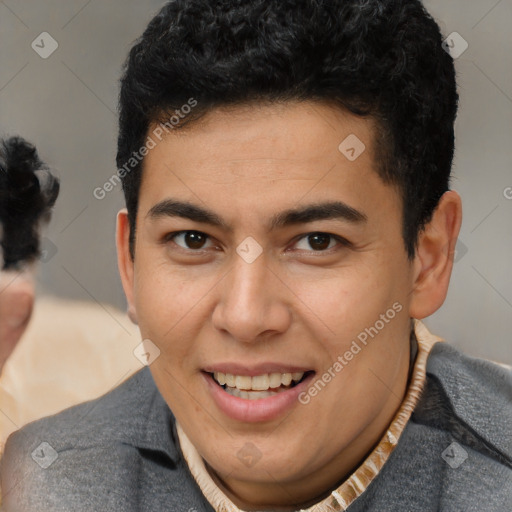 Joyful latino young-adult male with short  brown hair and brown eyes